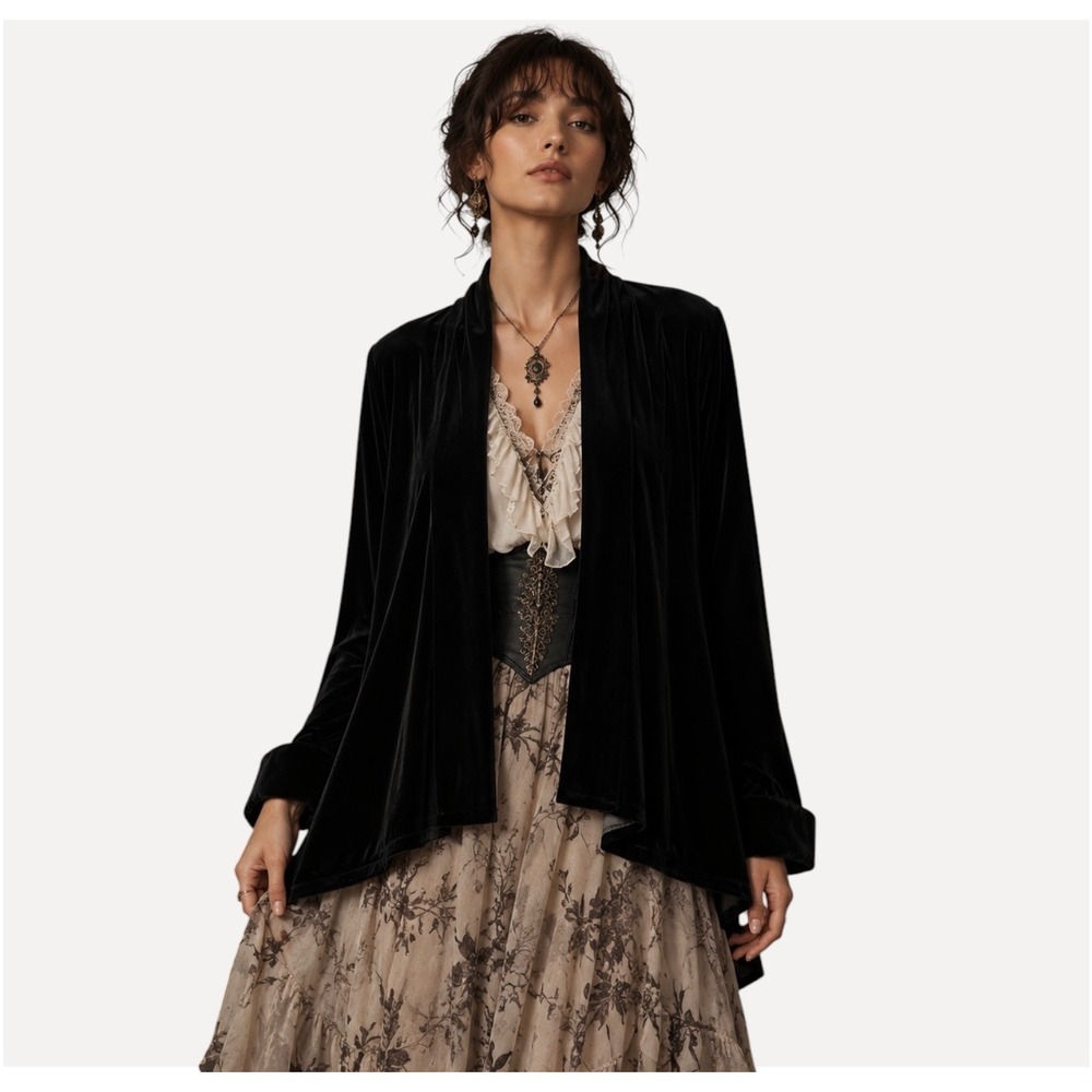 Alex Evenings VTG Black Velvet Jacket Open Front Shawl Collar Medium Whimsygoth